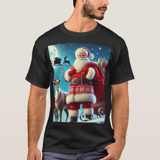Kerstman en hert met geschenken t-shirt (Voorkant)
