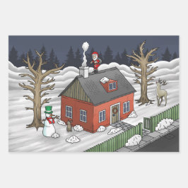 Kerstman en het kleine rode huis inpakpapier vel