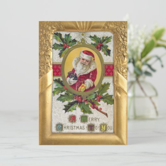 Kerstman en Holly in het Lijst Gold Feestdagenkaart (Staand voorkant)