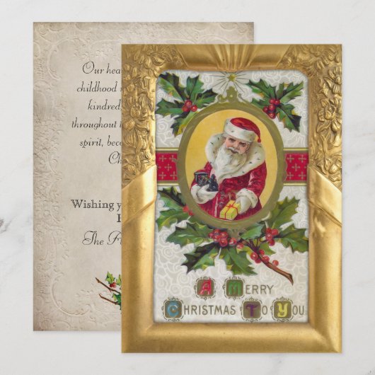 Kerstman en Holly in het Lijst Gold Feestdagenkaart (Voorkant / Achterkant)