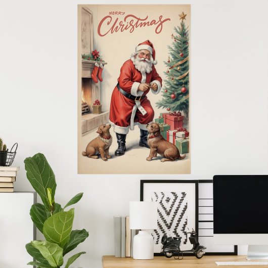 kerstman en honden vrolijk kerstfeest poster (Thuiskantoor)