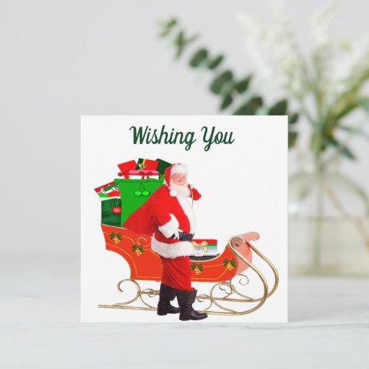 Kerstman en ingepakte slee Kaart (Staand voorkant)