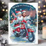Kerstman en Jezus op een motorfiets Grappige Kerst Feestdagen Kaart<br><div class="desc">Verspreid wat feestvreugde met deze hilarische kerstkaart met de kerstman en Jezus die op een motorfiets cruisen met de zin "De jongens zijn terug in de stad." Deze feestelijke en leuke illustratie legt de sfeer van het seizoen vast met een humoristische twist, waardoor het een perfecte kaart is voor iedereen...</div>