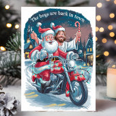 Kerstman en Jezus op een motorfiets Grappige Kerst Feestdagen Kaart