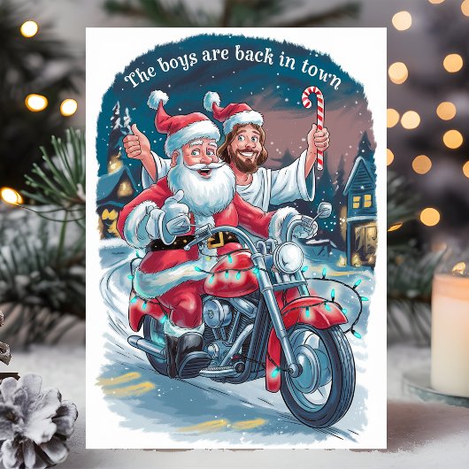 Kerstman en Jezus op een motorfiets Grappige Kerst Feestdagen Kaart
