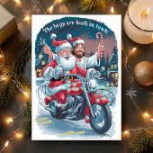 Kerstman en Jezus op een motorfiets Grappige Kerst Feestdagen Kaart