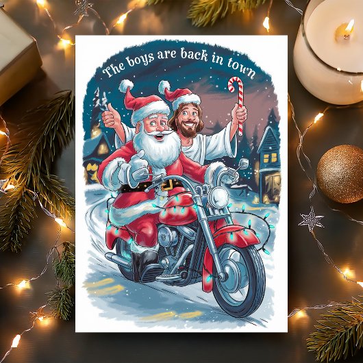 Kerstman en Jezus op een motorfiets Grappige Kerst Feestdagen Kaart