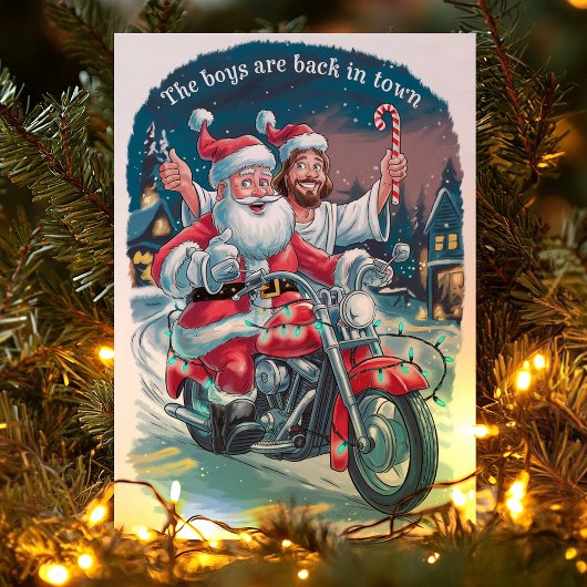 Kerstman en Jezus op een motorfiets Grappige Kerst Feestdagen Kaart