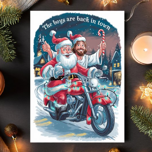 Kerstman en Jezus op een motorfiets Grappige Kerst Feestdagen Kaart