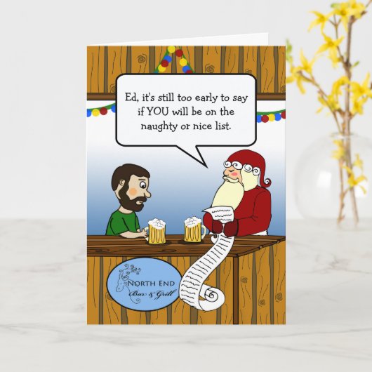 Kerstman en kerel bij Bar Going Over Lijst Kaart (Gele Bloem)