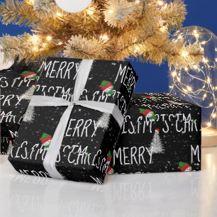 Kerstman en kerstboom in sneeuwvlokken vrolijk ker cadeaupapier