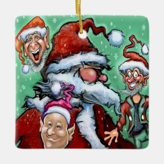 Kerstman en Kerstelfen Keramisch Ornament (Voorkant)