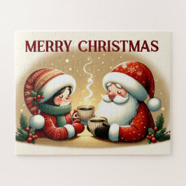 Kerstman en kind genieten van warme chocolademelk legpuzzel