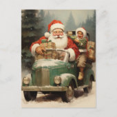 Kerstman en Kind in een kleine groene auto met ges Feestdagenkaart (Voorkant)