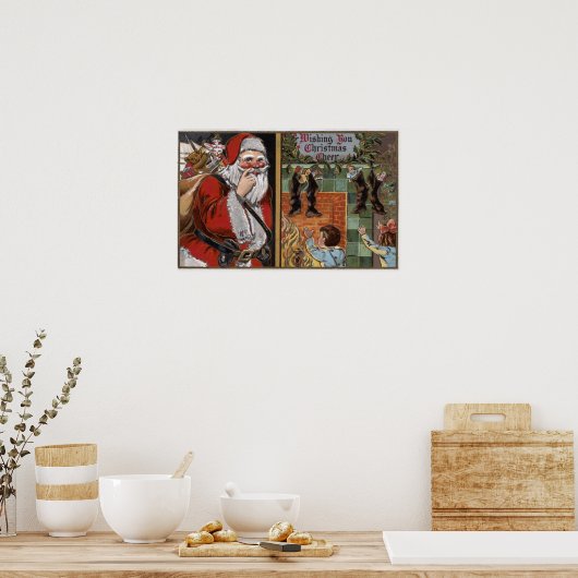 Kerstman en Kind kijken naar Chimney Poster (Keuken)