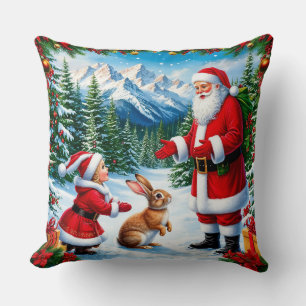 Kerstman en kind ontmoeten een konijn kussen