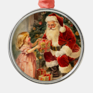 Kerstman en kind Vintage Metalen Ornament