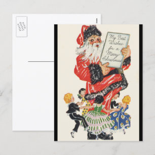 Kerstman en kinderen dansen op vintage Kerstmis Feestdagenkaart