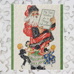Kerstman en kinderen dansen op vintage Kerstmis Legpuzzel