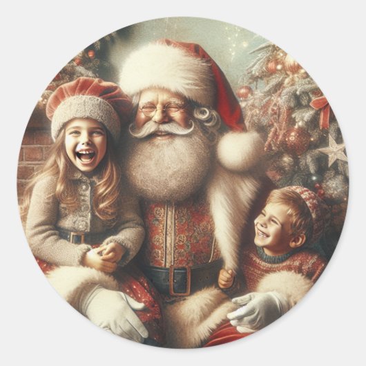  kerstman en kinderen ronde sticker (Voorkant)