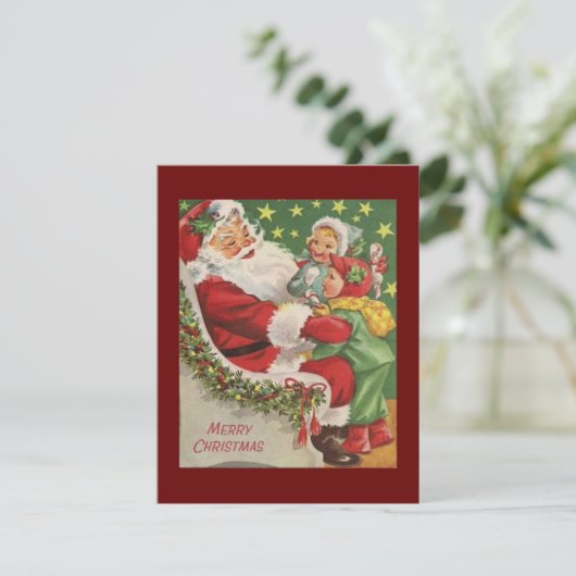 Kerstman en kinderen uit vroeger tijden  feestdagenkaart (Staand voorkant)