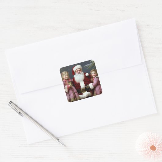  kerstman en kinderen vierkante sticker (Envelop)