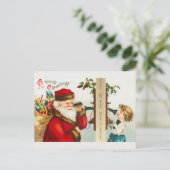  kerstman en klein meisje aan de telefoon feestdagenkaart (Staand voorkant)
