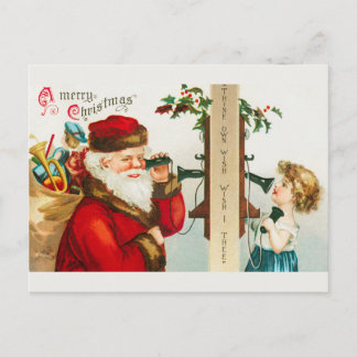  kerstman en klein meisje aan de telefoon feestdagenkaart