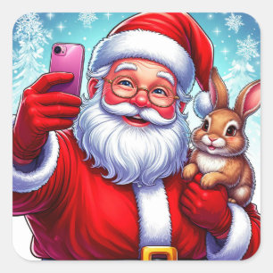 Kerstman en konijn maken een Kerstmis selfie Vierkante Sticker