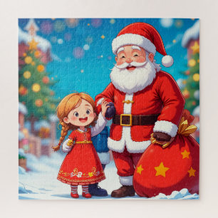 Kerstman en meisje met een cadeautas legpuzzel