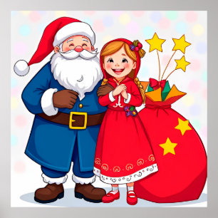 Kerstman en meisje met een cadeautas poster