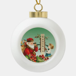  Kerstman en meisje op telefoon met naam Keramische Bal Ornament