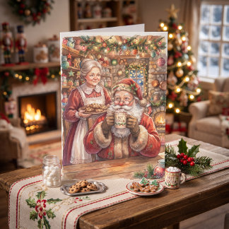 Kerstman en Mevrouw Claus Drinken Warme Cacao Kers Kaart