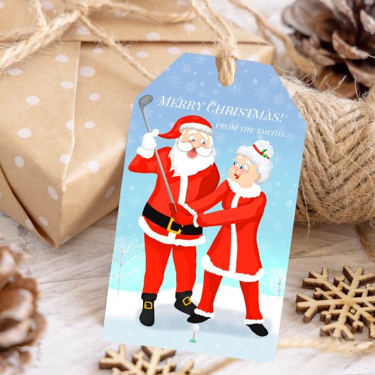 Kerstman en mevrouw Claus Golf Swing Cadeaulabel