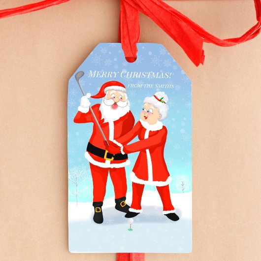 Kerstman en mevrouw Claus Golf Swing Cadeaulabel