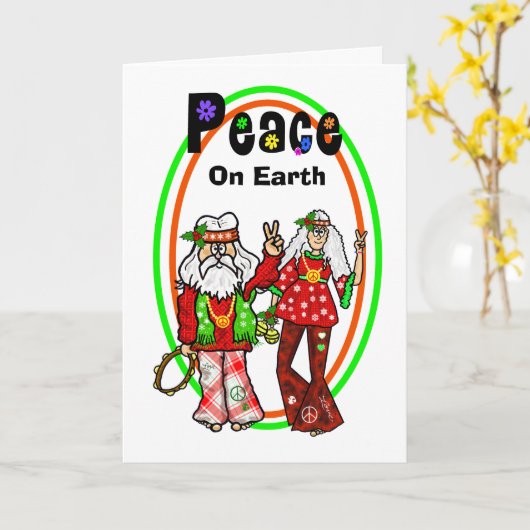 Kerstman en mevrouw Claus Hippie Kerst Kaart (Gele Bloem)