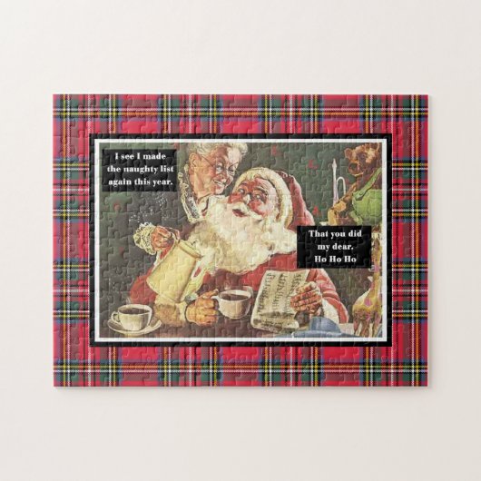 Kerstman en mevrouw Claus Naughty List Funny Plaid Legpuzzel (Horizontaal)