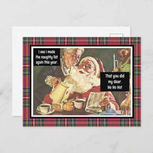 Kerstman en mevrouw Claus Ondeugend  Grappig Plaid Briefkaart (Voorkant / Achterkant)