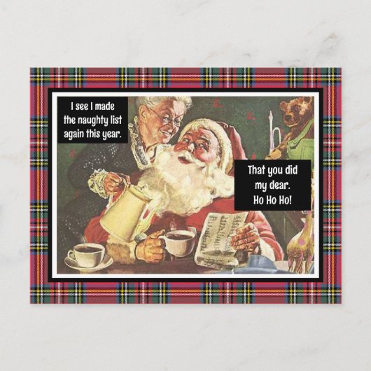 Kerstman en mevrouw Claus Ondeugend  Grappig Plaid Briefkaart (Voorkant)