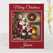 Kerstman en mooie witte kat kaart (Gele Bloem)