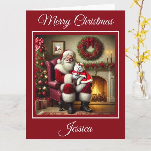 Kerstman en mooie witte kat kaart (Gele Bloem)