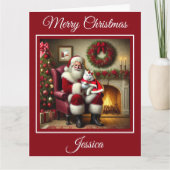 Kerstman en mooie witte kat kaart (Voorkant)