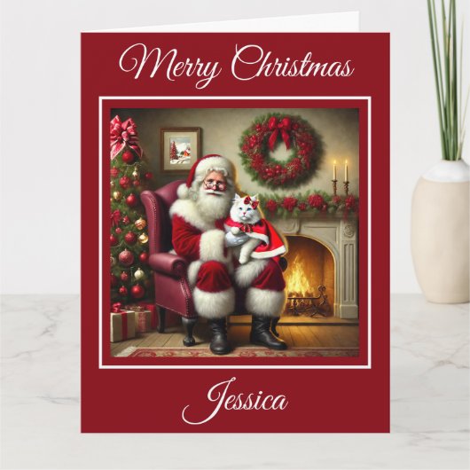 Kerstman en mooie witte kat kaart (Voorkant)