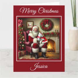 Kerstman en mooie witte kat kaart