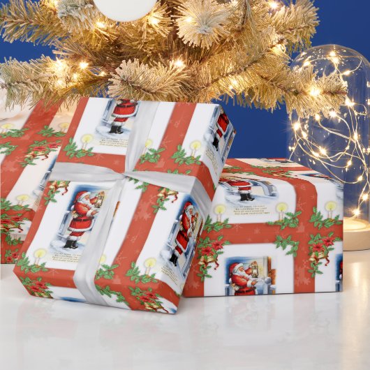  kerstman en Poinsettia Cadeaupapier (Feestdagen)