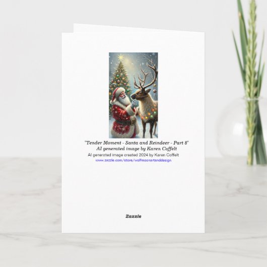 Kerstman en rendier, besneeuwd bos, kerstboom 8 feestdagen kaart (Achterkant)
