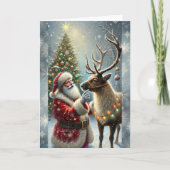 Kerstman en rendier, besneeuwd bos, kerstboom 8 feestdagen kaart (Voorkant)