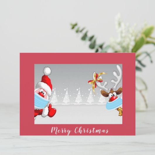 Kerstman en rendier dragen corona-masker Kerstmis Kaart (Staand voorkant)