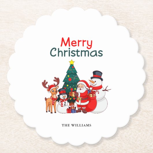 Kerstman en rendier feestelijke vrolijke kerst kartonnen onderzetters (Voorkant)