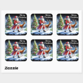 Kerstman en rendier in een besneeuwd bos vierkante sticker (Vel)